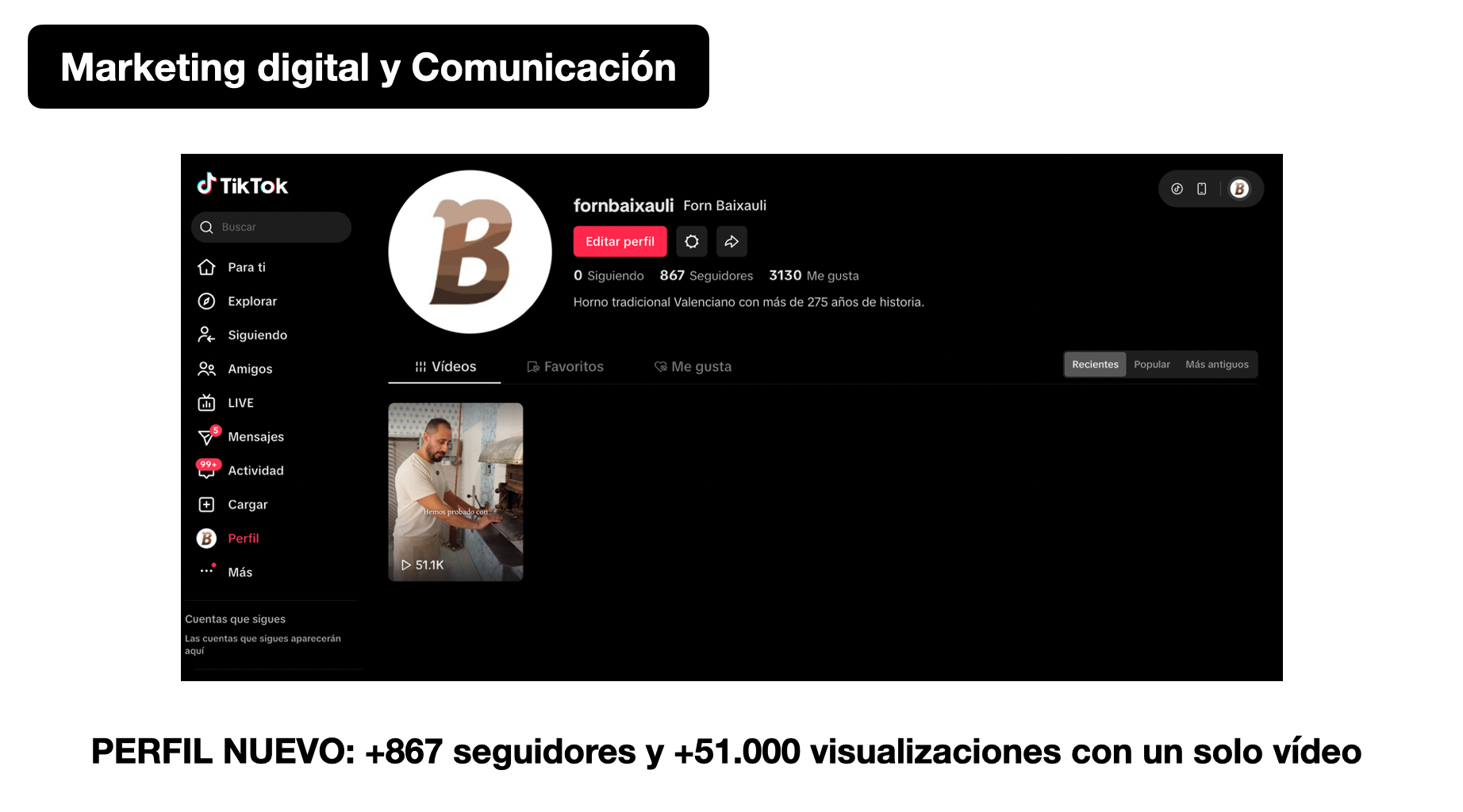 Perfil de TikTok Forn Baixauli con +867 seguidores y +51.000 visualizaciones