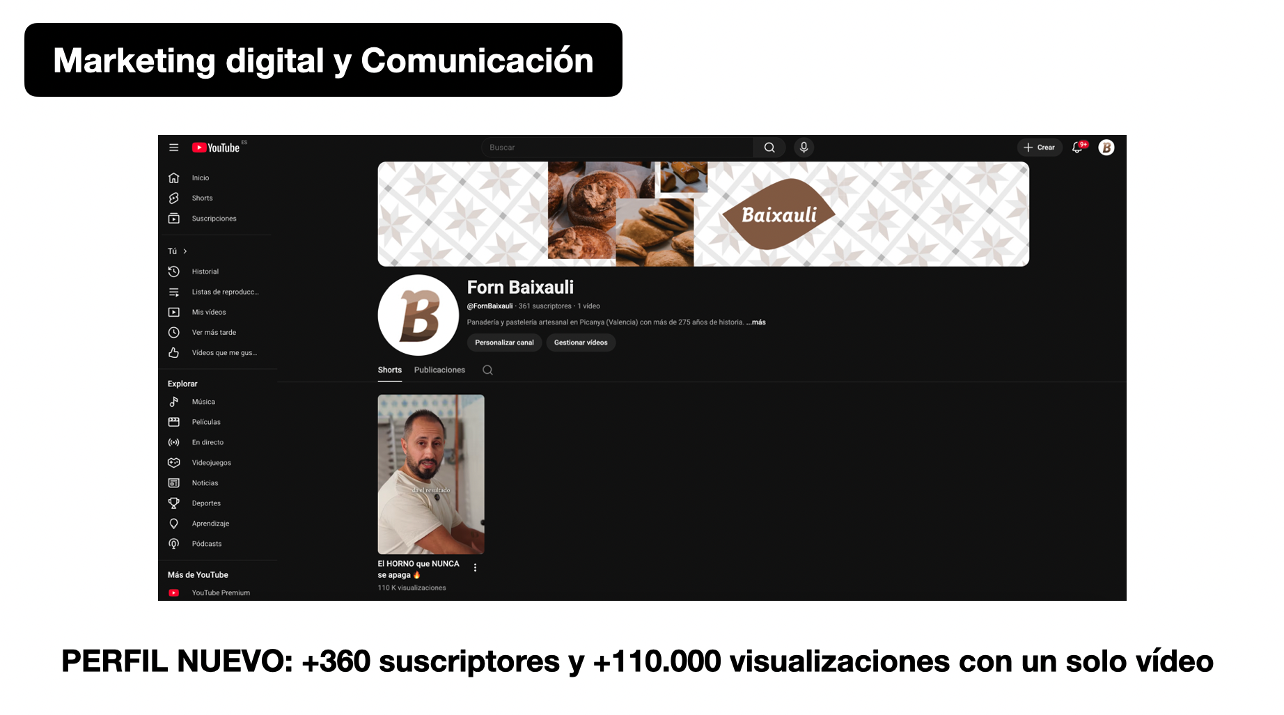 Canal de YouTube Forn Baixauli con +360 suscriptores y +110.000 visualizaciones