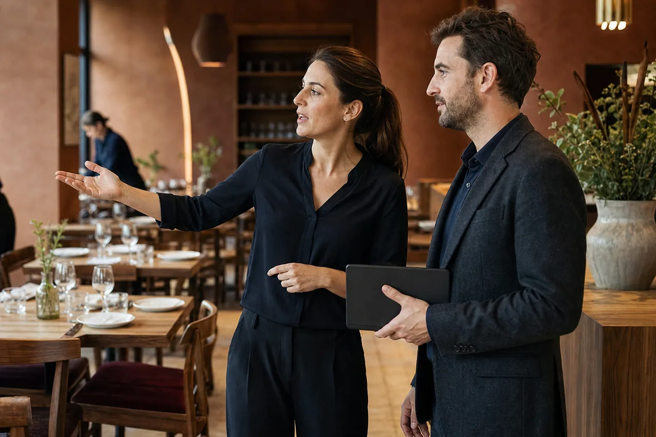 Responsable de un restaurante y consultor revisando juntos la operativa de la sala